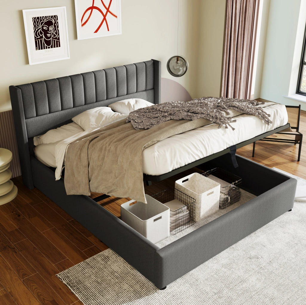 Letto contenitore imbottito 140x200 cm grigio in lino con sollevamento idraulico