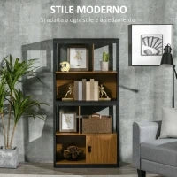 Mobile Libreria  4 Livelli Aperti con Armadietto, in Truciolato e MDF, 76.5x30x150 cm, Marrone e Nero