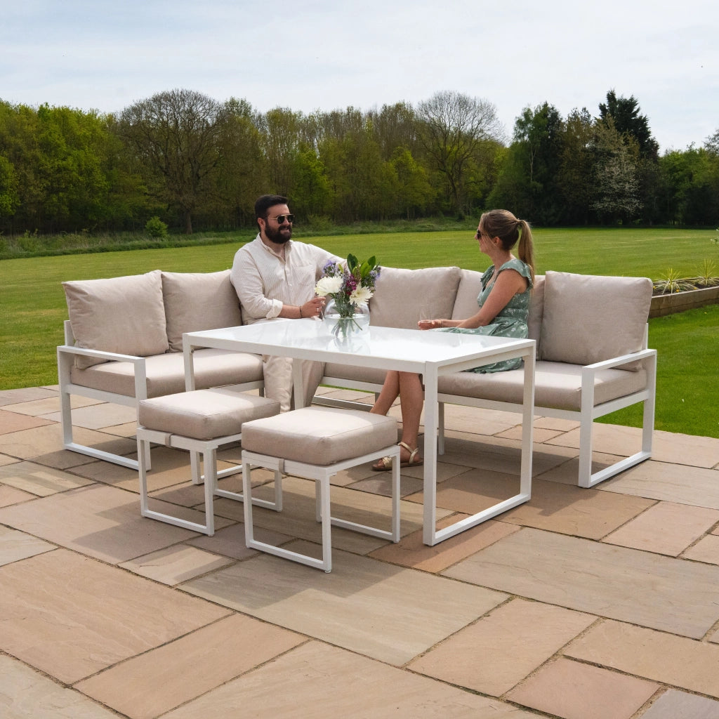Set Mobili da Giardino Bianco in Alluminio con Cassapanca Rattan Nera 582L Divano Angolare