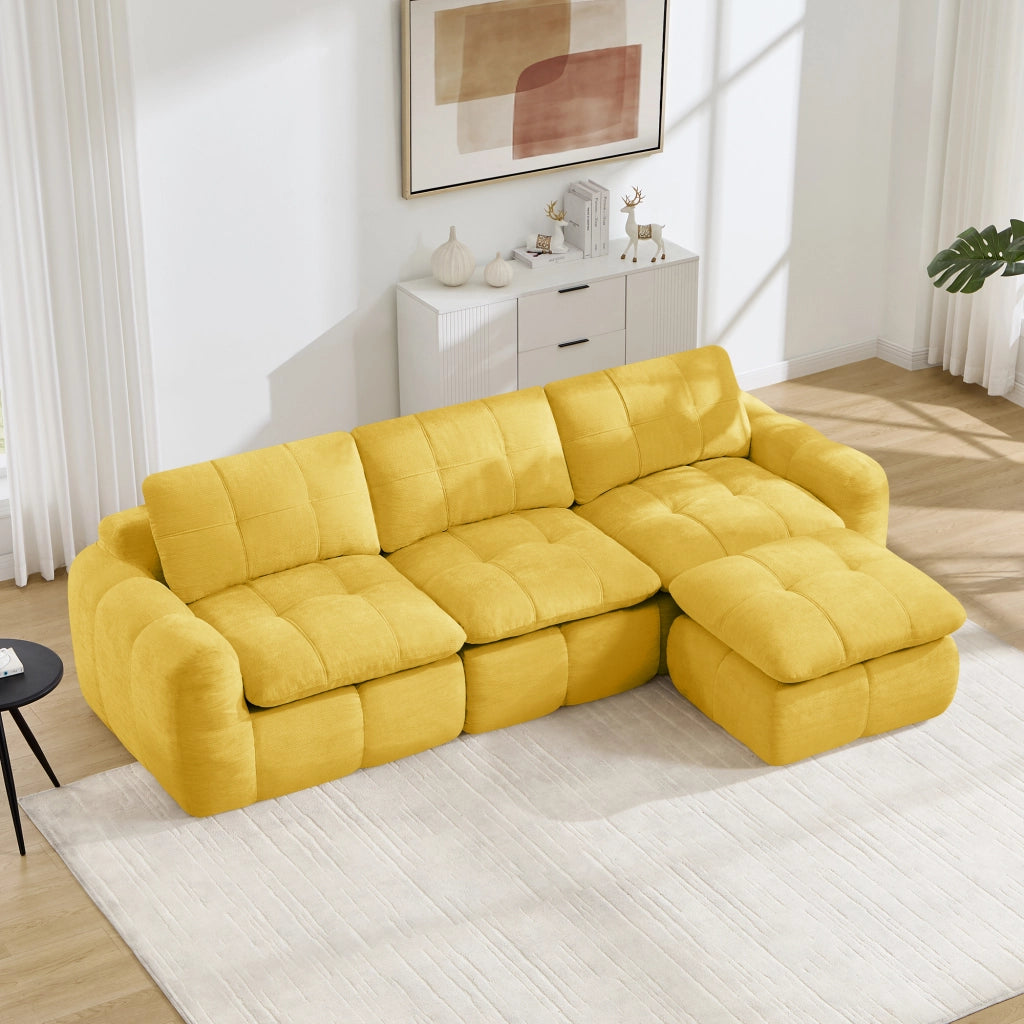 Divano modulare angolare 3 posti senza montaggio con seduta ergonomica in chenille gialla 264 × 160 × 68 cm