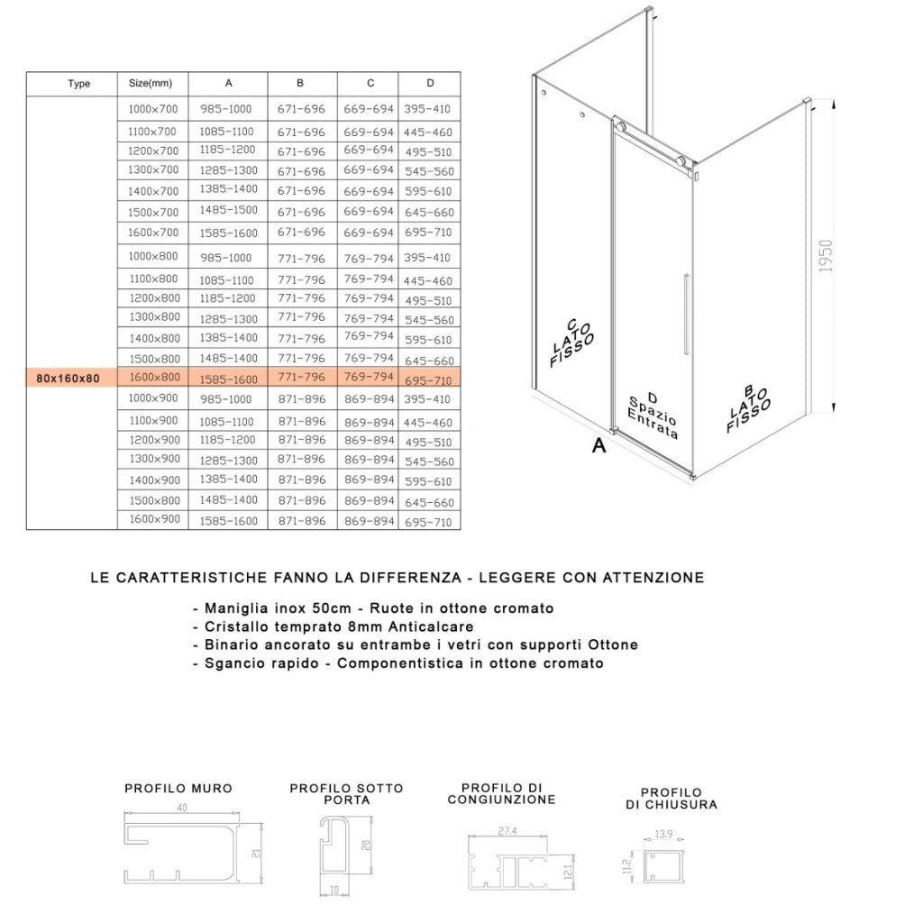 Box doccia tre lati porta scorrevole trasparente h195cm 8mm anticalcare euclide, misura 80x160x80