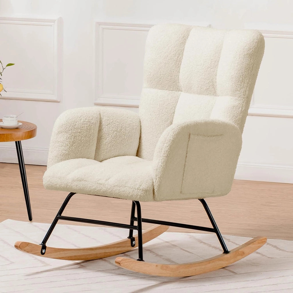 Sedia a dondolo con sgabello, poltrona relax con braccioli, poltrona a dondolo in peluche Teddy, portata fino a 150 kg, lettino da giardino per camera da letto, Con pedale, beige