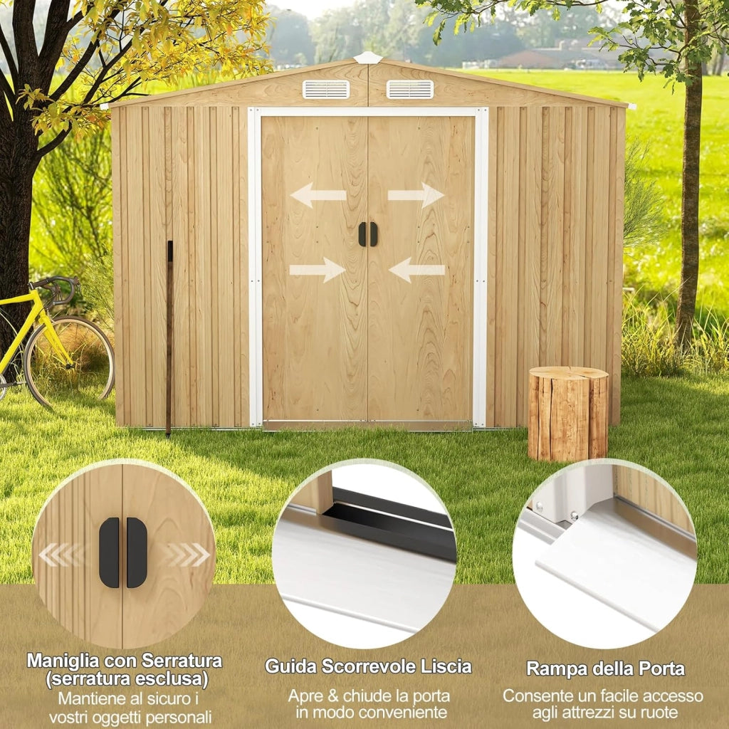 Casetta da Esterno 4,47㎡, Capanno Porta Attrezzi con Porte Scorrevoli, Maniglie, Sfoghi e Tettoia, Casetta da Giardino in Lamiera di Acciaio e Lamiera Zincata (259 x 196 x 184 cm)