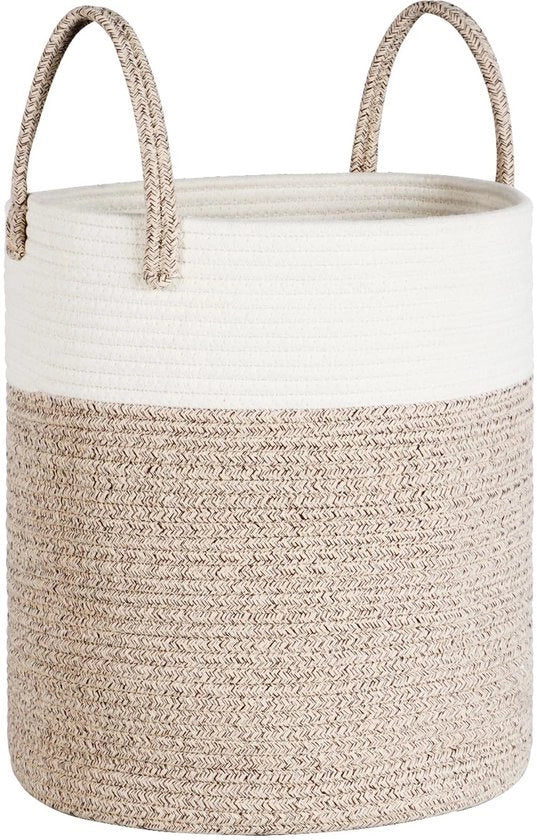 Grossa Cesta per la Lenzuola Tessuta a Mano con Maniglia Manufatta a Cotone per Coperte, Giocattoli per Bambini Bianco e Khaki