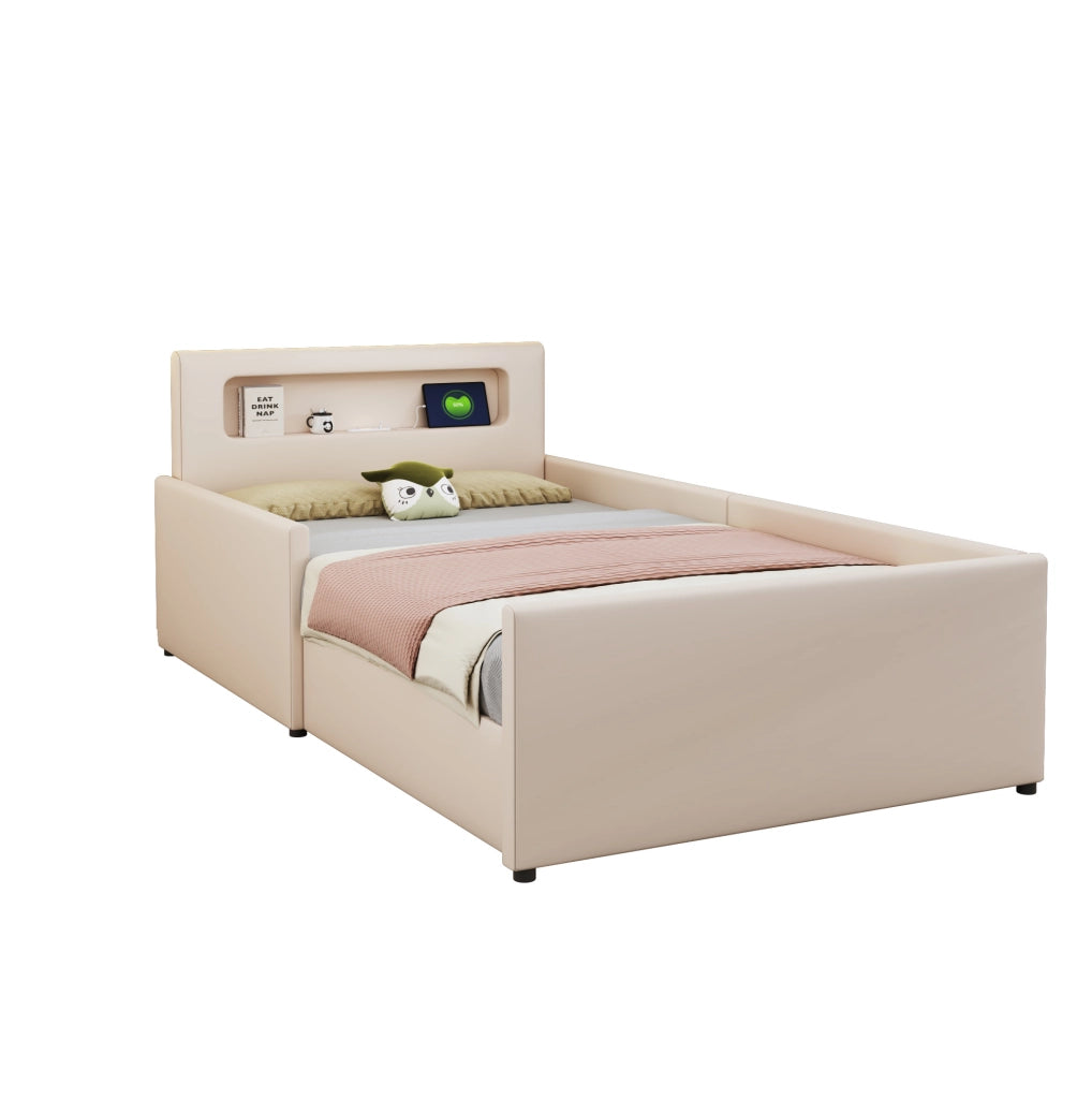 Letto imbottito per bambini 90x200 cm con luce LED; porta USB e cassetti; beige