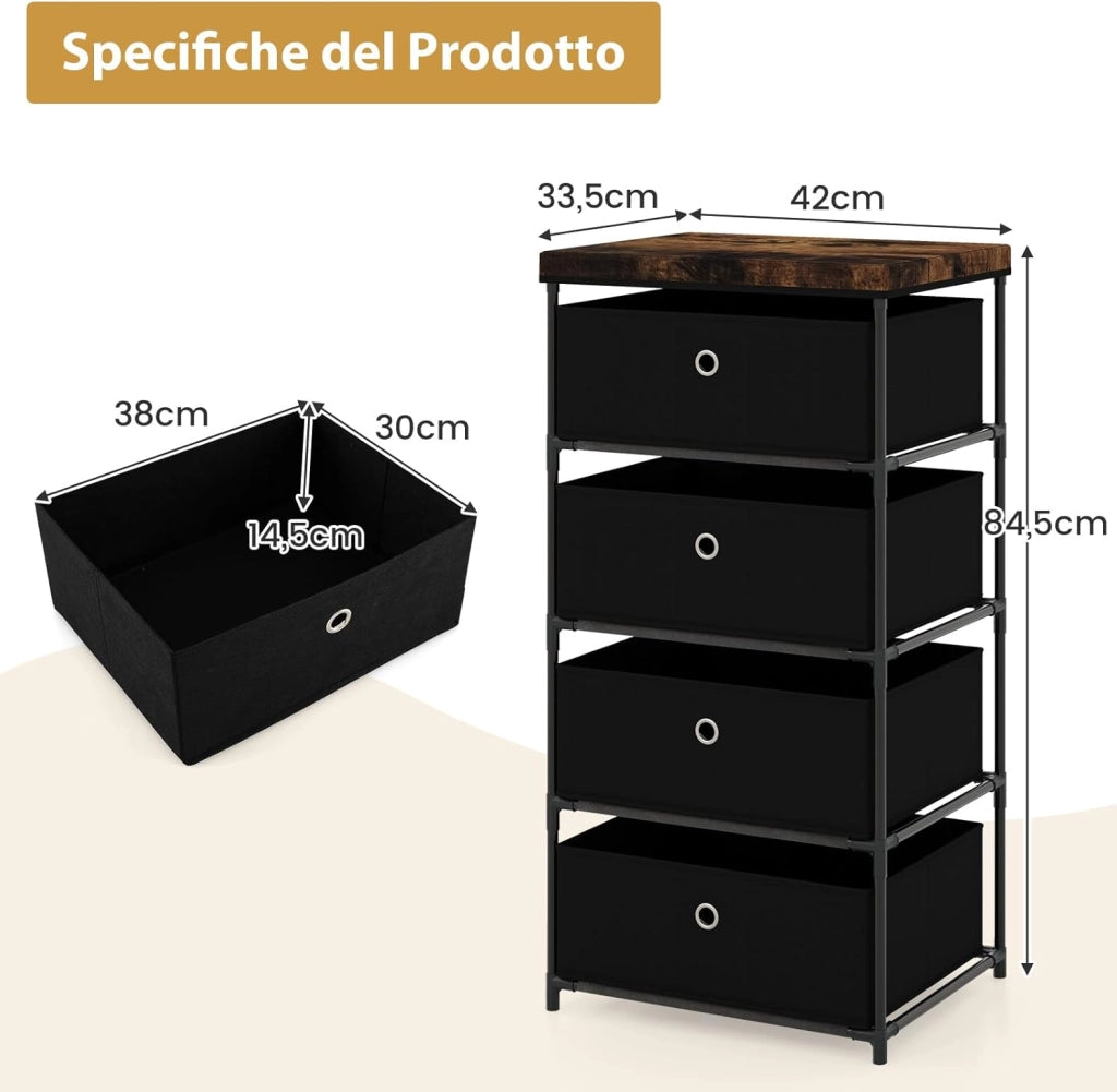 Cassettiera in Tessuto, Mobile con 4 Cassetti e Struttura Robusta in Metallo, Mobiletto Salvaspazio per Camera da Letto, Corridoio, Ingresso e Armadio, 42 x 33,5 x 84,5 cm (Nero)