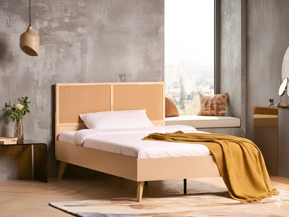 Letto matrimoniale in legno di gomma con testiera in vimini marrone chiaro 120 x 200 cm stile boho minimalista