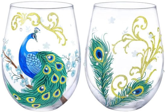 Set di bicchieri da vino a mano dipinti - Set di 2 bicchieri da vino - Bicchieri da vino senza acciaio - Regalo per donne - Disegno unico - 18Oz - Bicchiere con imbuto