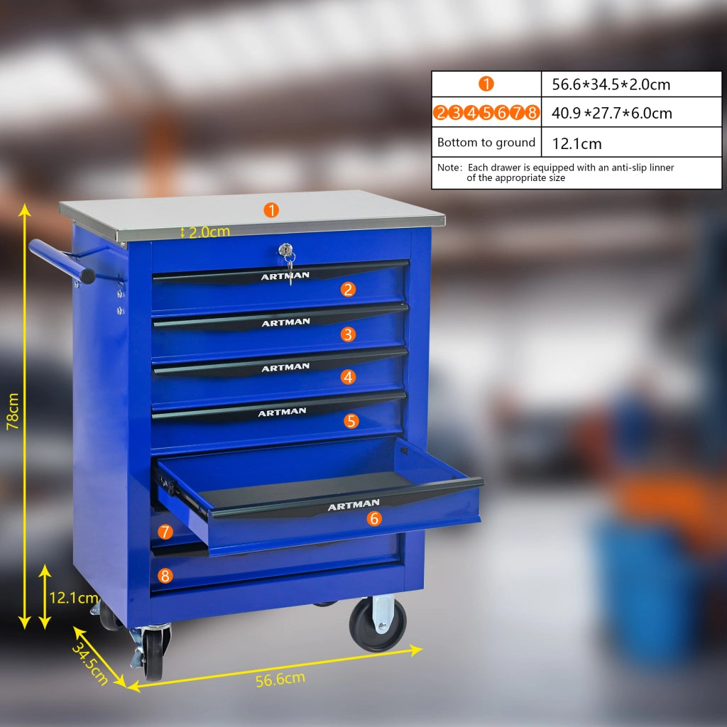 Mobile contenitore con 7 cassetti e ruote con chiusura a chiave per garage; officina e magazzino