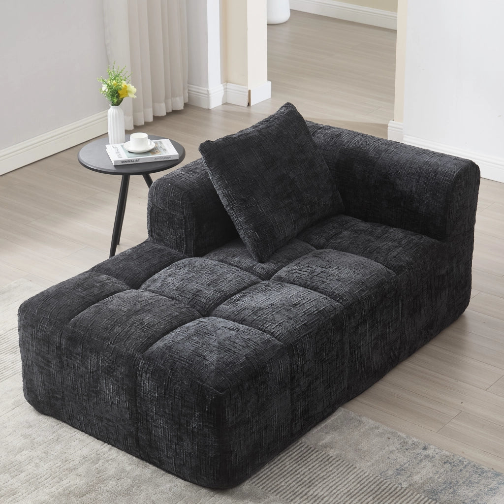 Chaise longue moderna in chenille nera, con tasche laterali, cuscino incluso, 158×90×60 cm