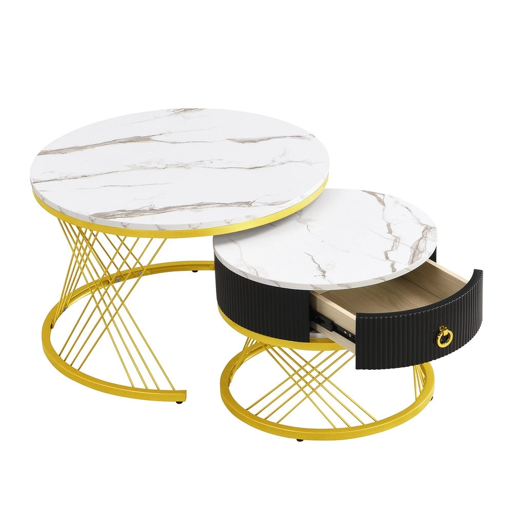 Tavolino da Caff¨¨ Set 2 Pezzi con Cassetti ¨C MINIMAL ¨C Effetto Marmo, Decoro Dorato