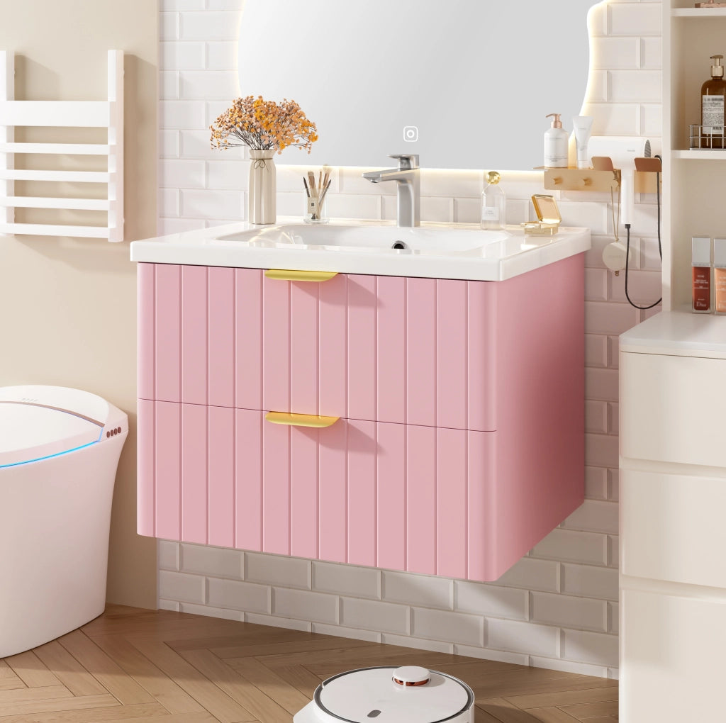 Mobile bagno sospeso con lavabo in ceramica; doppio ripiano; MDF rosa e bianco; 60;5 cm