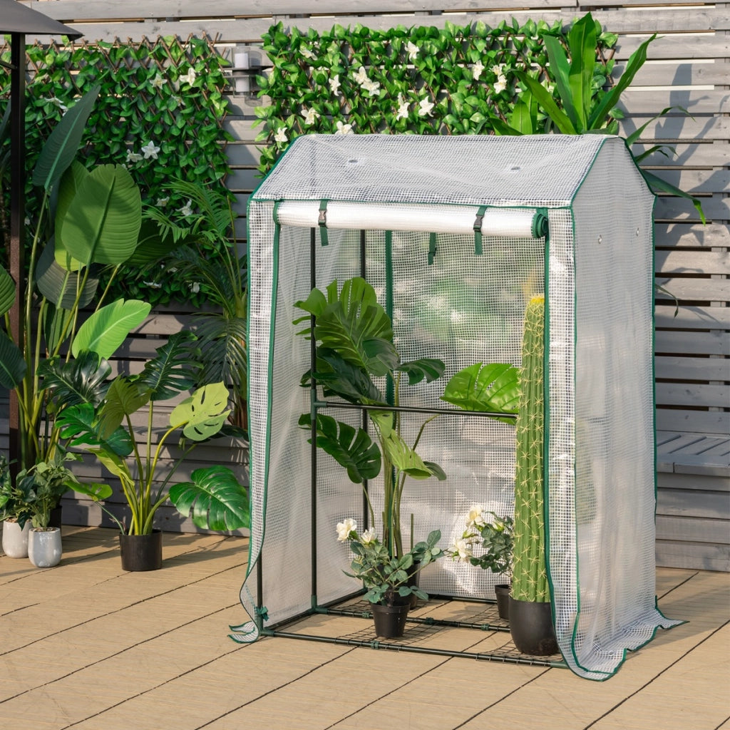 Serra da giardino accessibile con struttura in acciaio, Serra con 2 porte a cerniera copertura in PE Bianco-Serre da giardino