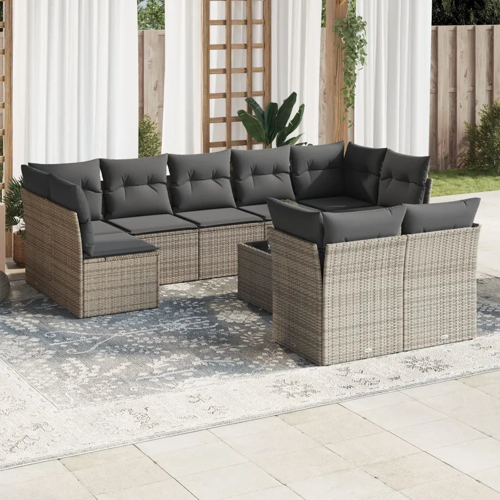 Set Divano da Giardino 10 pz con Cuscini Grigio in Polyrattan