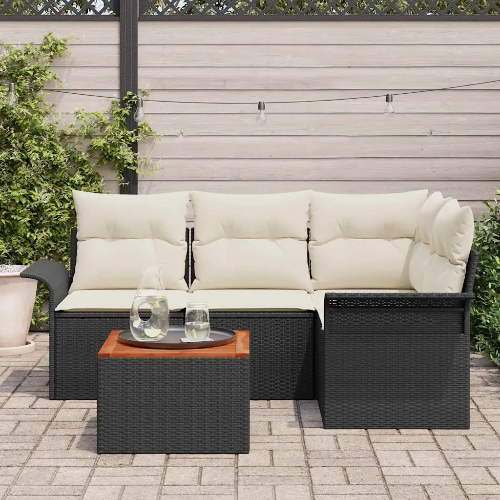 Set Divano da Giardino 5 pcs Nero e Crema polyrattan