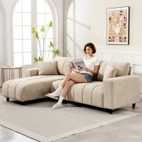 Divano angolare reversibile, 3 posti con penisola, 2 cuscini, struttura in acciaio, 242x156x87cm, Beige