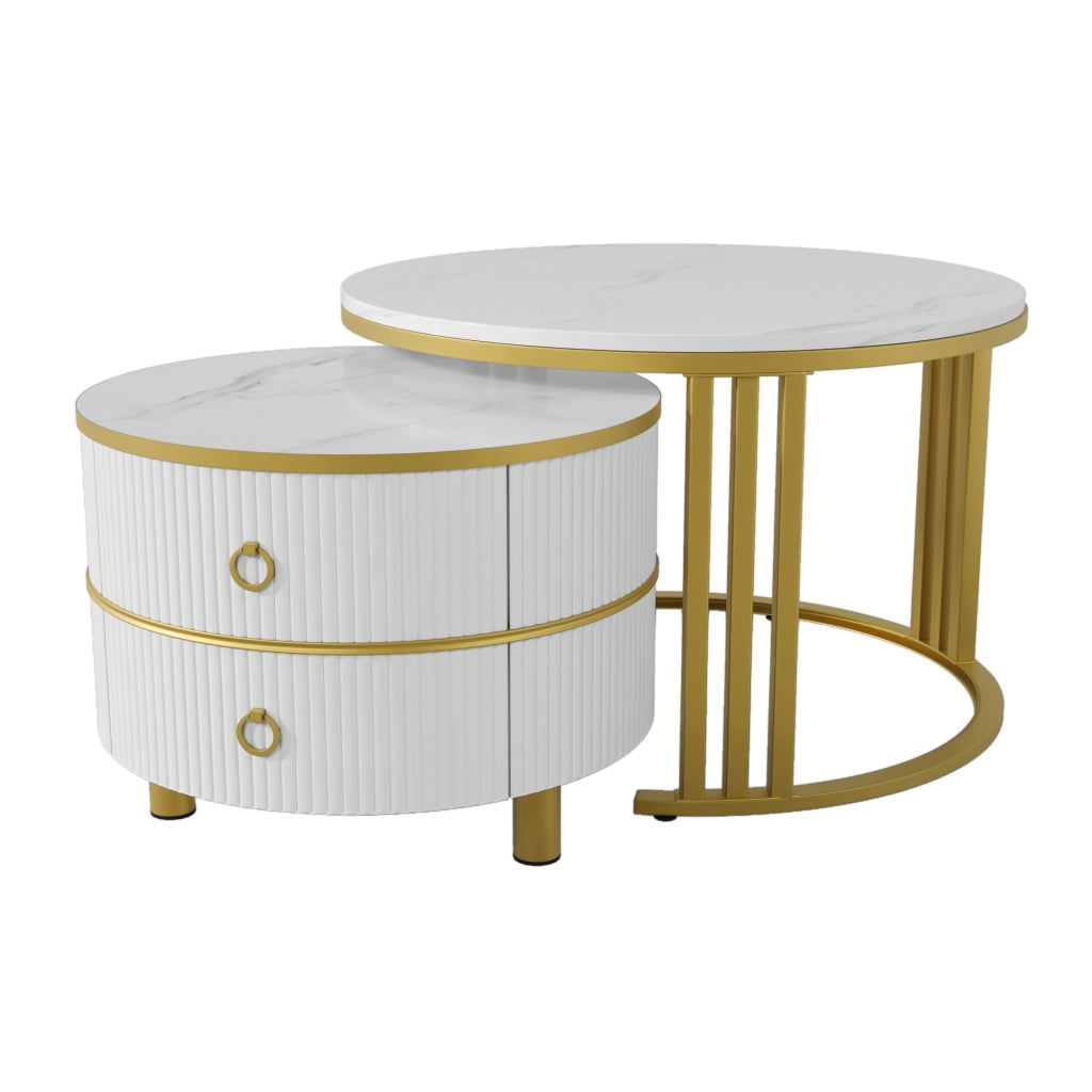 OKWISH Tavolini da Salotto Impilabili Rotondi con 2 Cassetti, Piano Lucido Effetto Marmo, per Soggiorno, MDF, Bianco