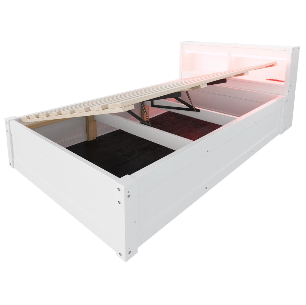 Letto multifunzione 90x200 cm con presa; contenitore idraulico e LED in MDF bianco