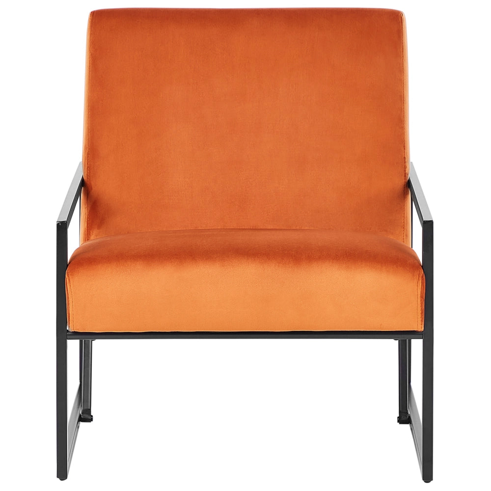 Poltrona in velluto arancione 83L x 69L x 83H Schienale Bracciolo Struttura in metallo nero Soggiorno moderno glam