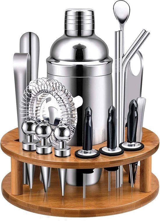 Set di shaker da cocktail - 19 accessori in acciaio inossidabile da bar con standard a bambù rotante - set di strumenti da bar perfetto per un'esperienza di mix di drink eccezionale