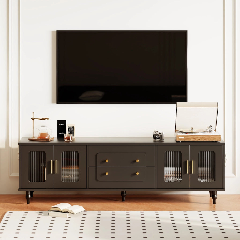 Mobile TV 175x38x55;5 cm; porte in vetro rigato e cassetti push-to-open; truciolare nero