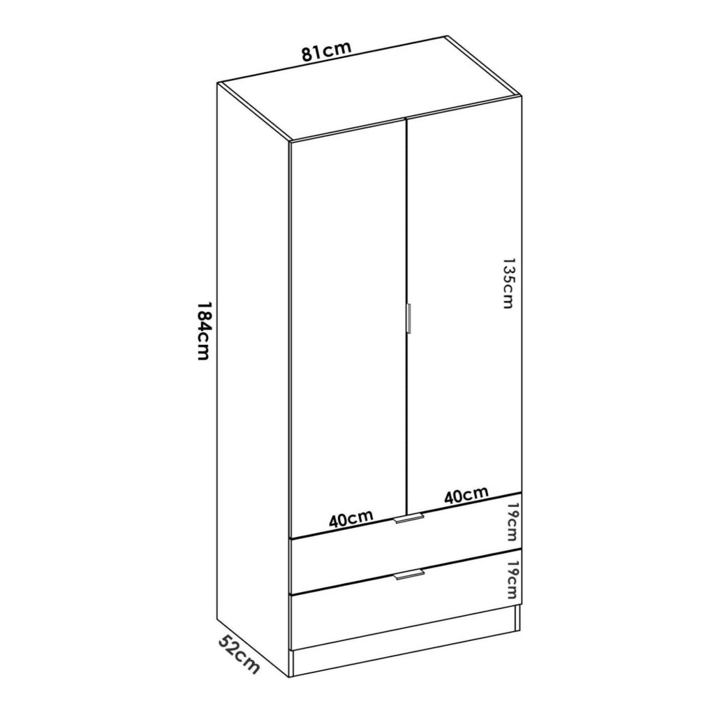 Guardaroba Darest, Armadio per camera da letto a 2 ante e 2 cassetti, Mobile per camera da letto con barra appendiabiti, cm 81x52h180, Bianco