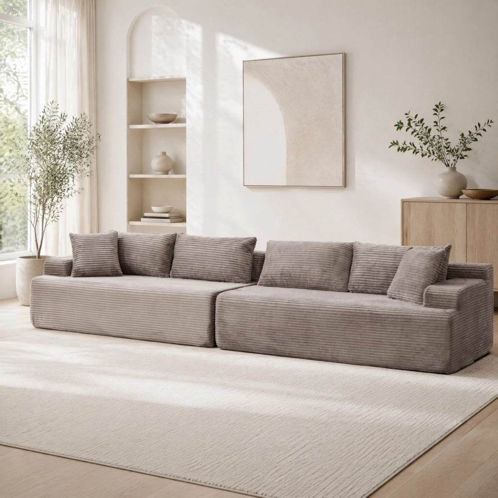 Divano con chaise longue e cuscino incluso in ciniglia grigio