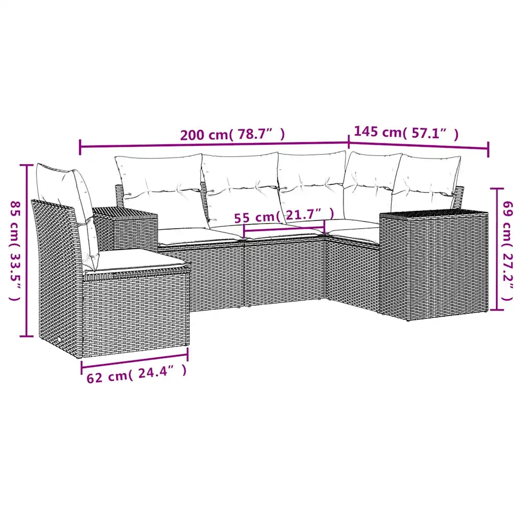 Set Divano da Giardino 5pz con Cuscini Grigio Chiaro Polyrattan