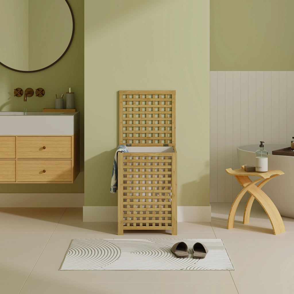 Mobile Portabiancheria Jystiand in Bambù con Coperchio Ribaltabile 62x45x45 cm 79 L [en.casa]