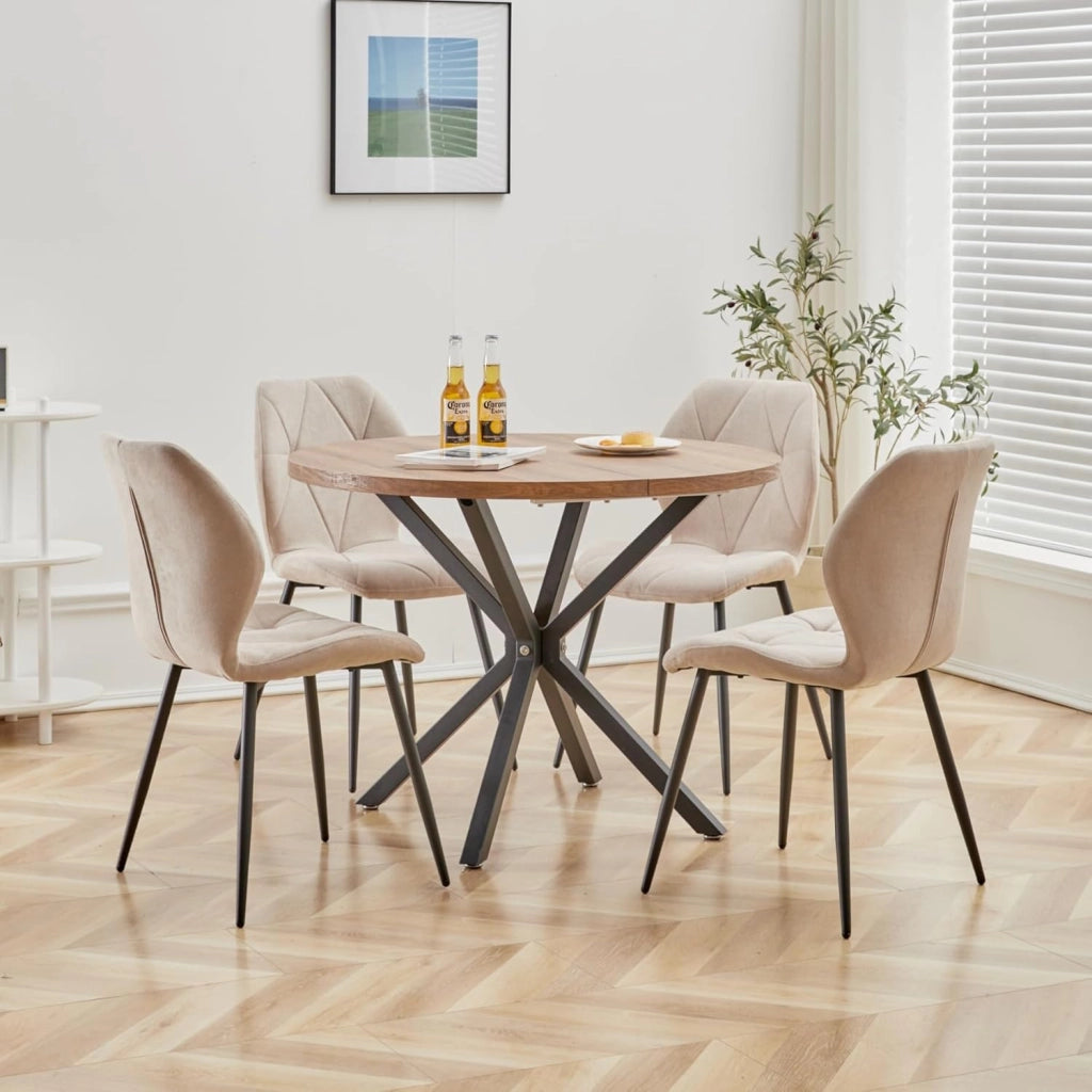 GrandCA HOME Set Tavolo e Sedie da Pranzo, Tavolo da Pranzo Rotondo da 100 CM e 4 Sedie Moderne in Lino, per Sala da Pranzo, Cucina, Soggiorno (Buio + Cachi)