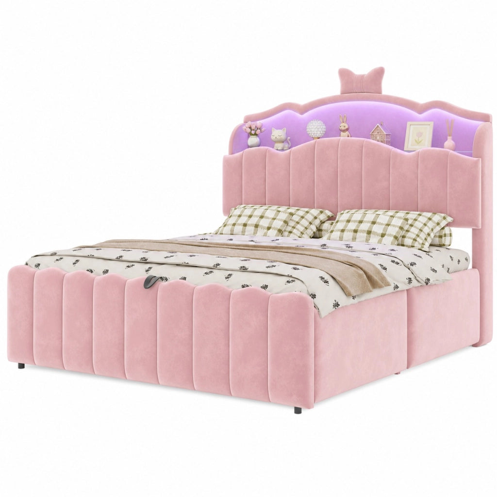 Letto per bambini imbottito 140x200 cm rosa con contenitore idraulico, testiera con LED RGB, USB e vani portaoggetti