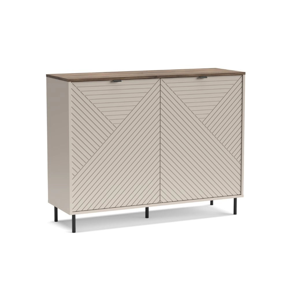 Credenza Mirage01 con 2 ante cashmere con motivo geometrico e top rovere