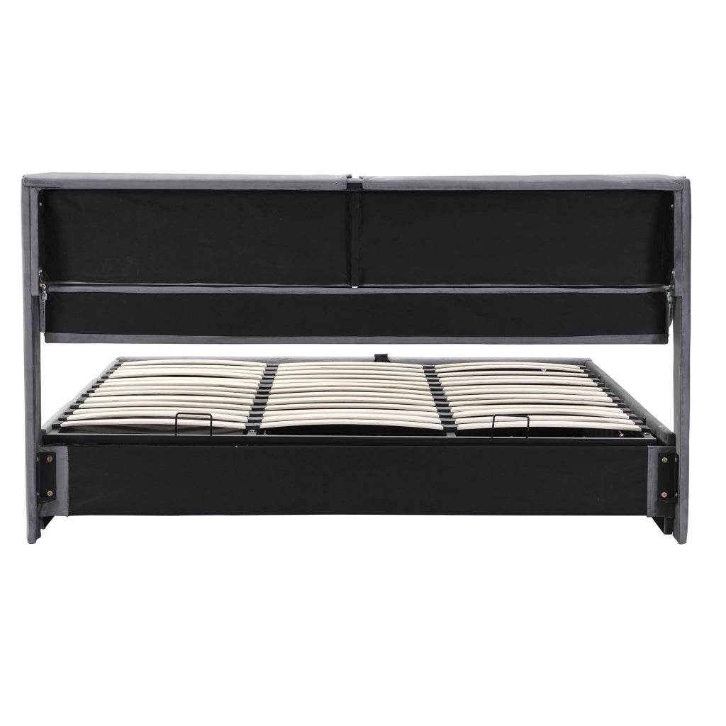 Letto imbottito 180x200 cm in velluto grigio con contenitore, 3 cassetti, rete a doghe e testiera regolabile