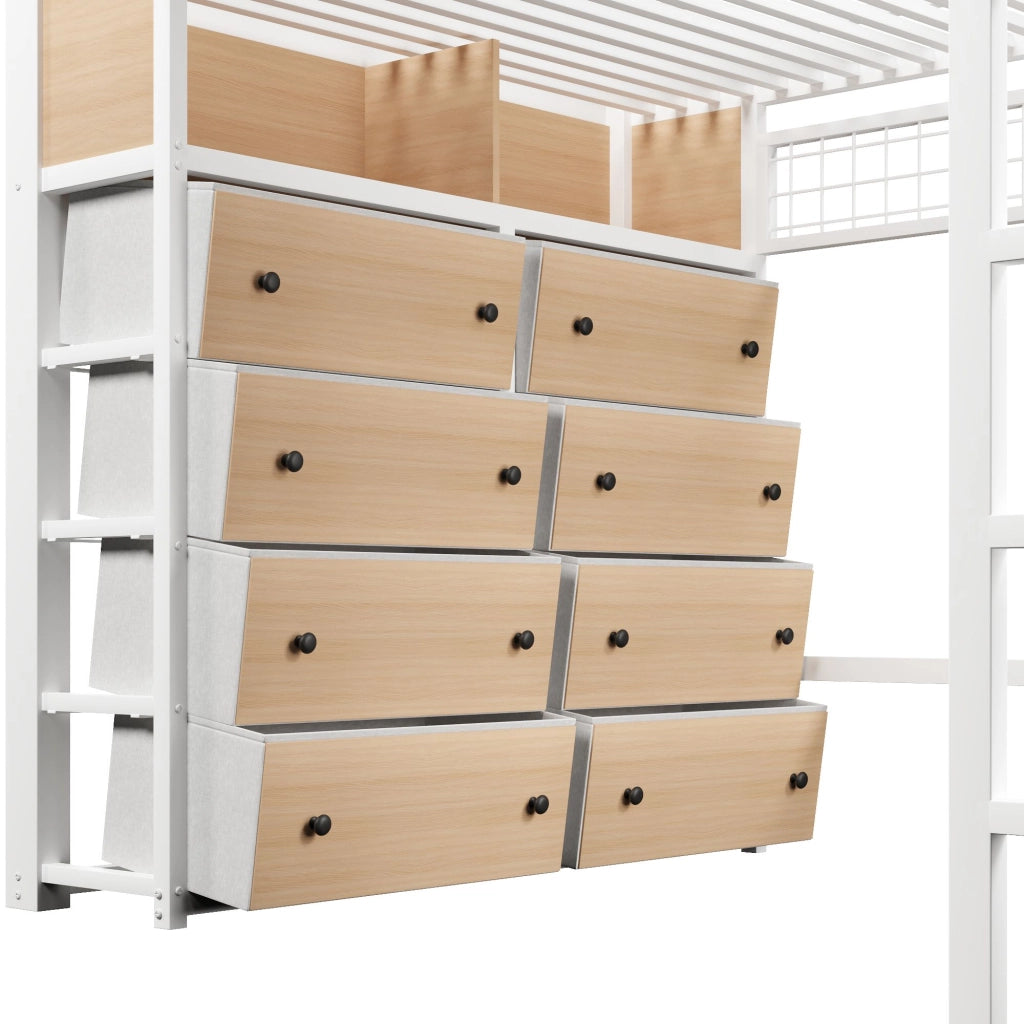 Letto a soppalco 140x200 cm, struttura in metallo, con 8 cassetti, illuminazione a LED, ripiani portaoggetti, bianco (senza divano)