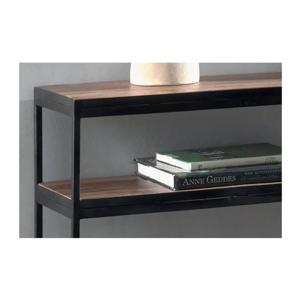 Console da salotto GOA - Legno massiccio esotico e metallo nero - 2 ripiani