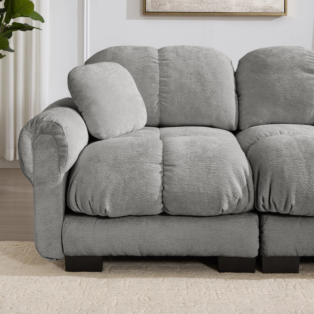 Canapé modulare con seduta imbottita e cuscino decorativo in tessuto chenille grigio chiaro 260 × 86 × 90 cm