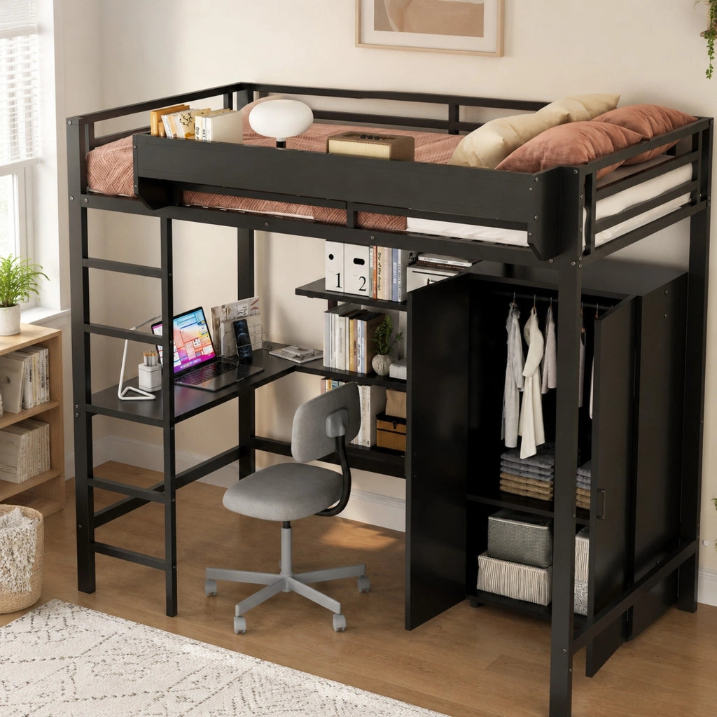 Letto a soppalco con scrivania e armadio; per materasso 90x200 cm; nero