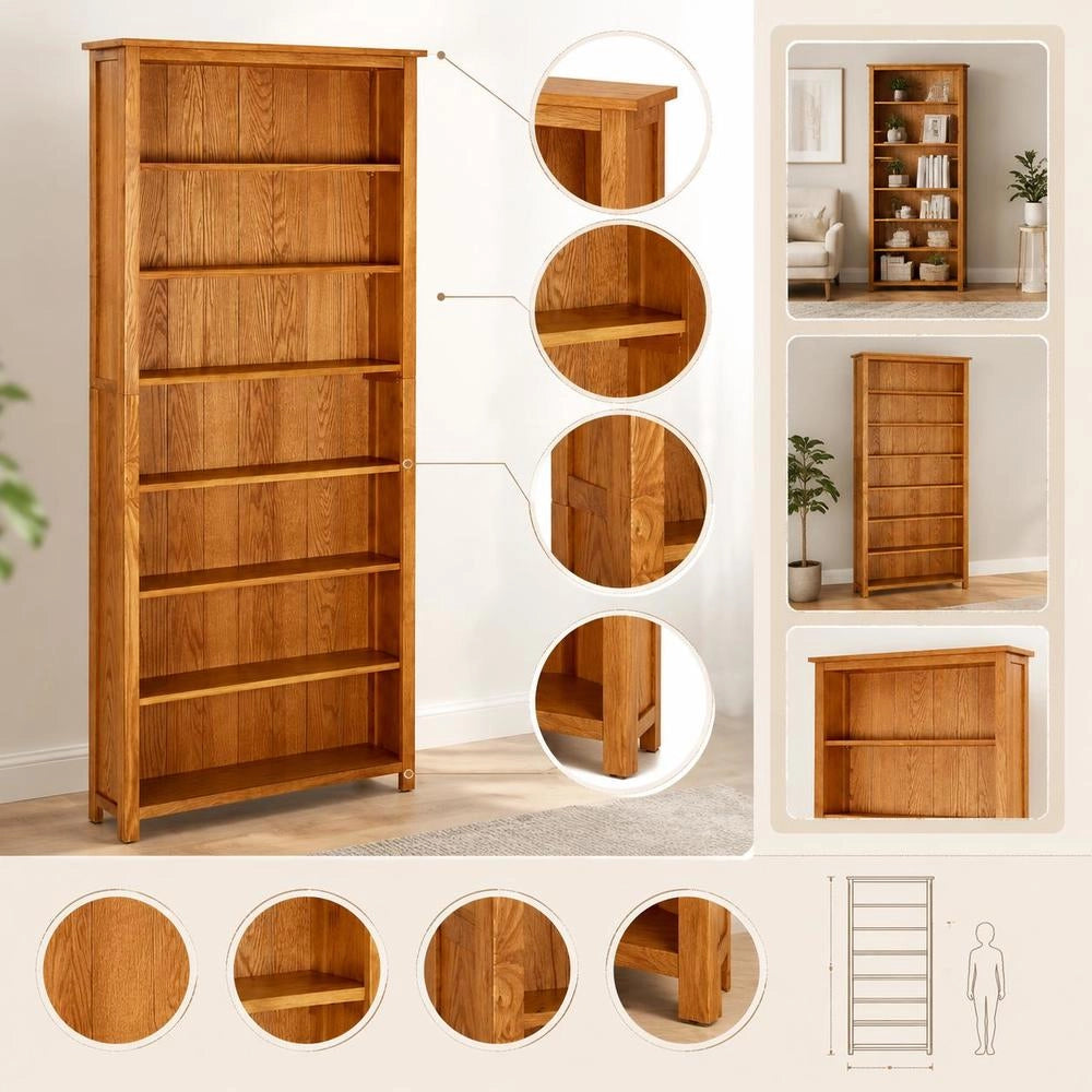 Bookshelf With 7 Compartments, 90x22.5x200 Cm, Solid Oak Wood