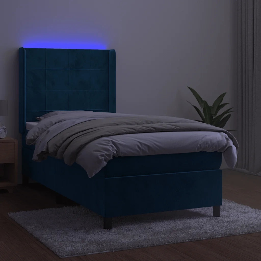Letto a Molle con Materasso e LED Blu Scuro 90x200cm in Velluto
