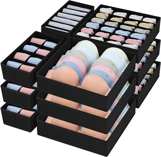 Organizzatore di cassetti pieghevole - Set di contenitori con 24 tasche, 8 griglie e 6 compartimenti, contenitori di biancheria intima | Tela non tessuta con bordi rinforzati per la conservazione di cassetti, 12 pezzi, nero