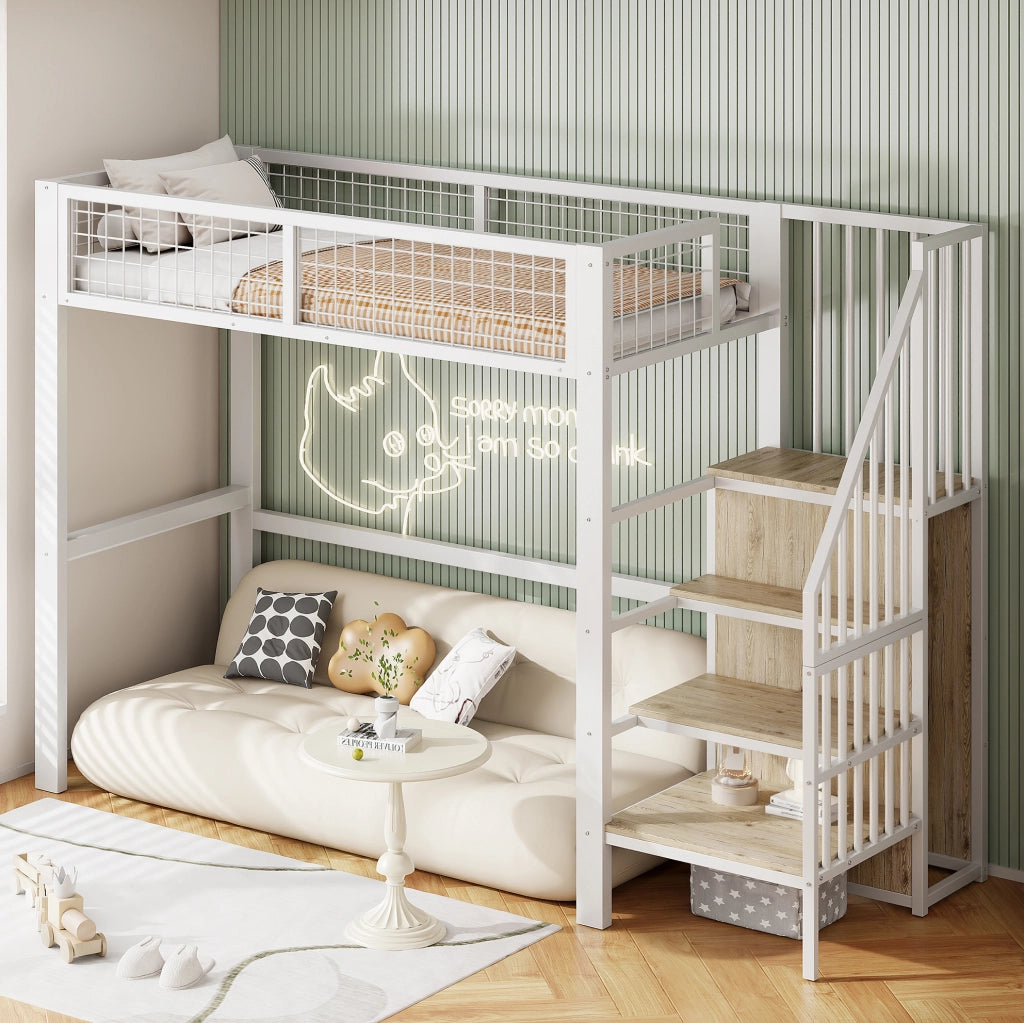 Letto alto per bambini 90x200 cm in metallo bianco con scala e armadio