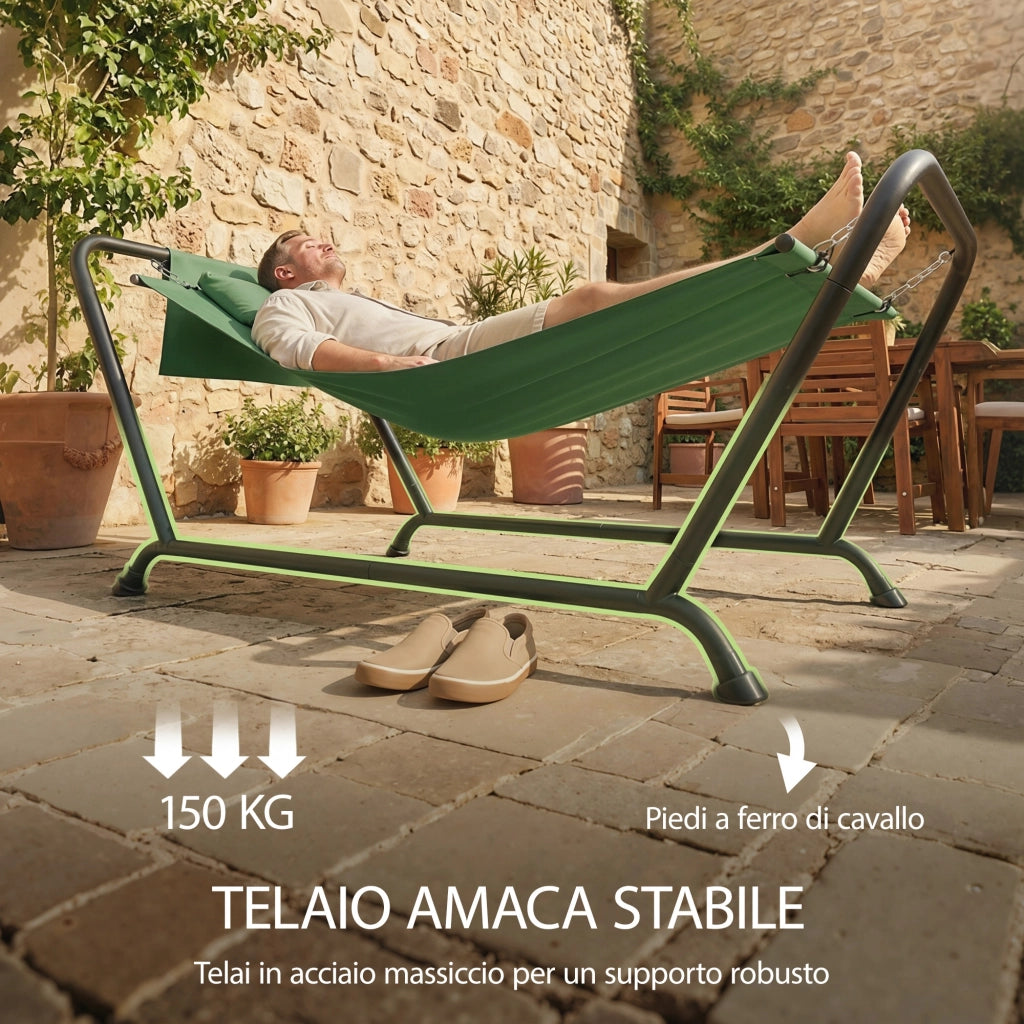 Amaca da Giardino 237x90x92 cm con Supporto Tasca Laterale e Poggiatesta in Metallo e Poliestere Verde Scuro