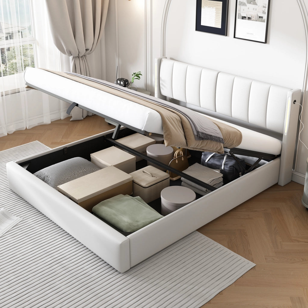 Letto imbottito idraulico con luci LED USB 180x200 cm colore PU bianco