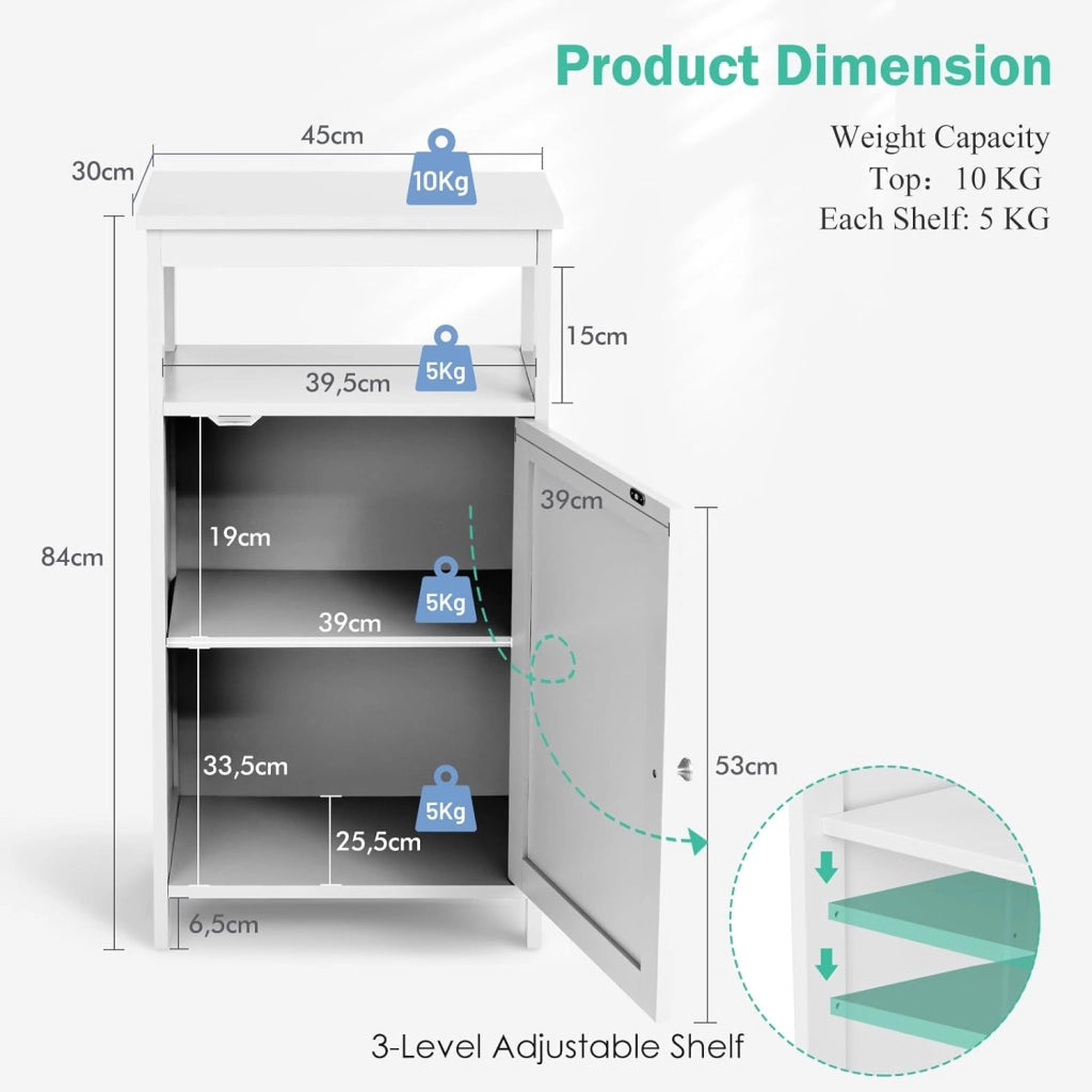 Mobile da Bagno con Ripiano e Armadio a Porta, 45 x 30 x 84 cm, Armadietto da Terra Autoportante in MDF, Armadio d’Archivio per Soggiorno, WC, Camera da Letto, Cucina (Bianco)