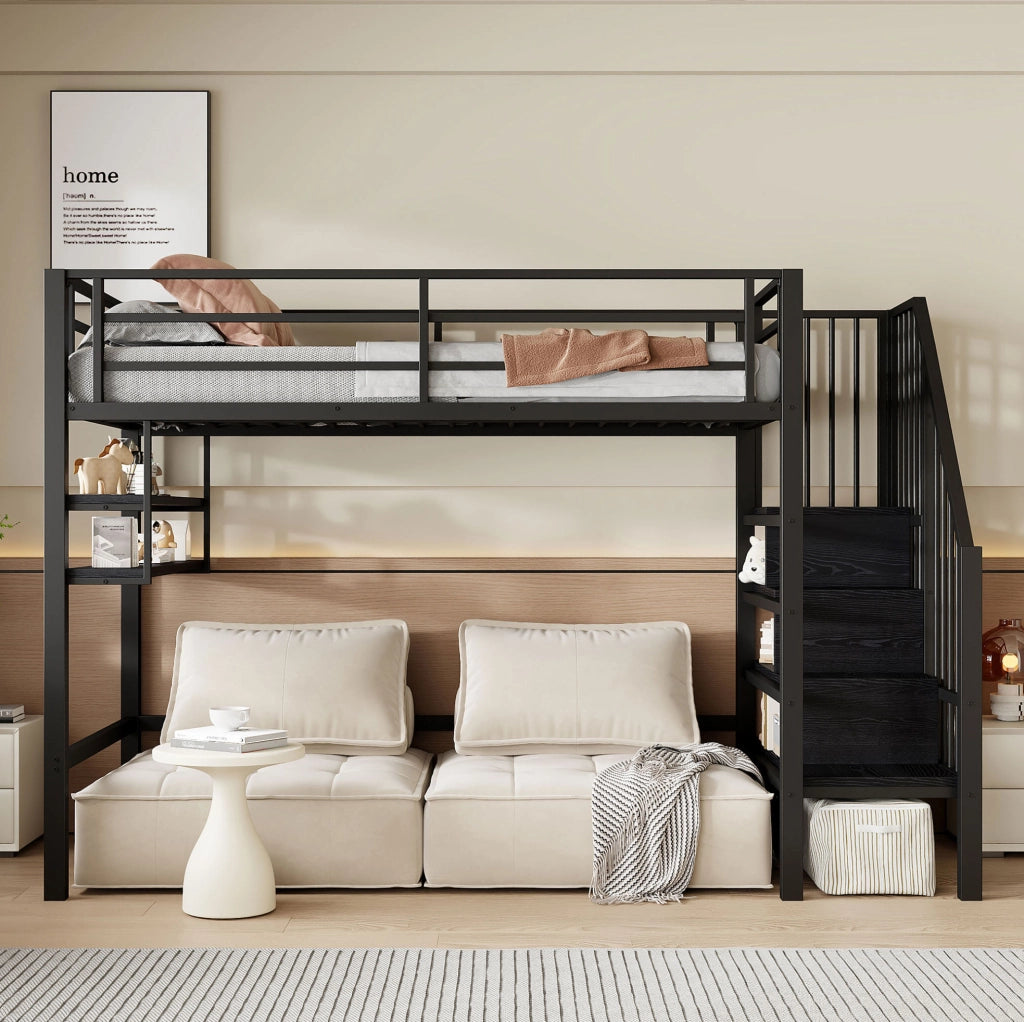 Letto a soppalco 90x200 cm con scaffali e scala contenitore in metallo e MDF nero