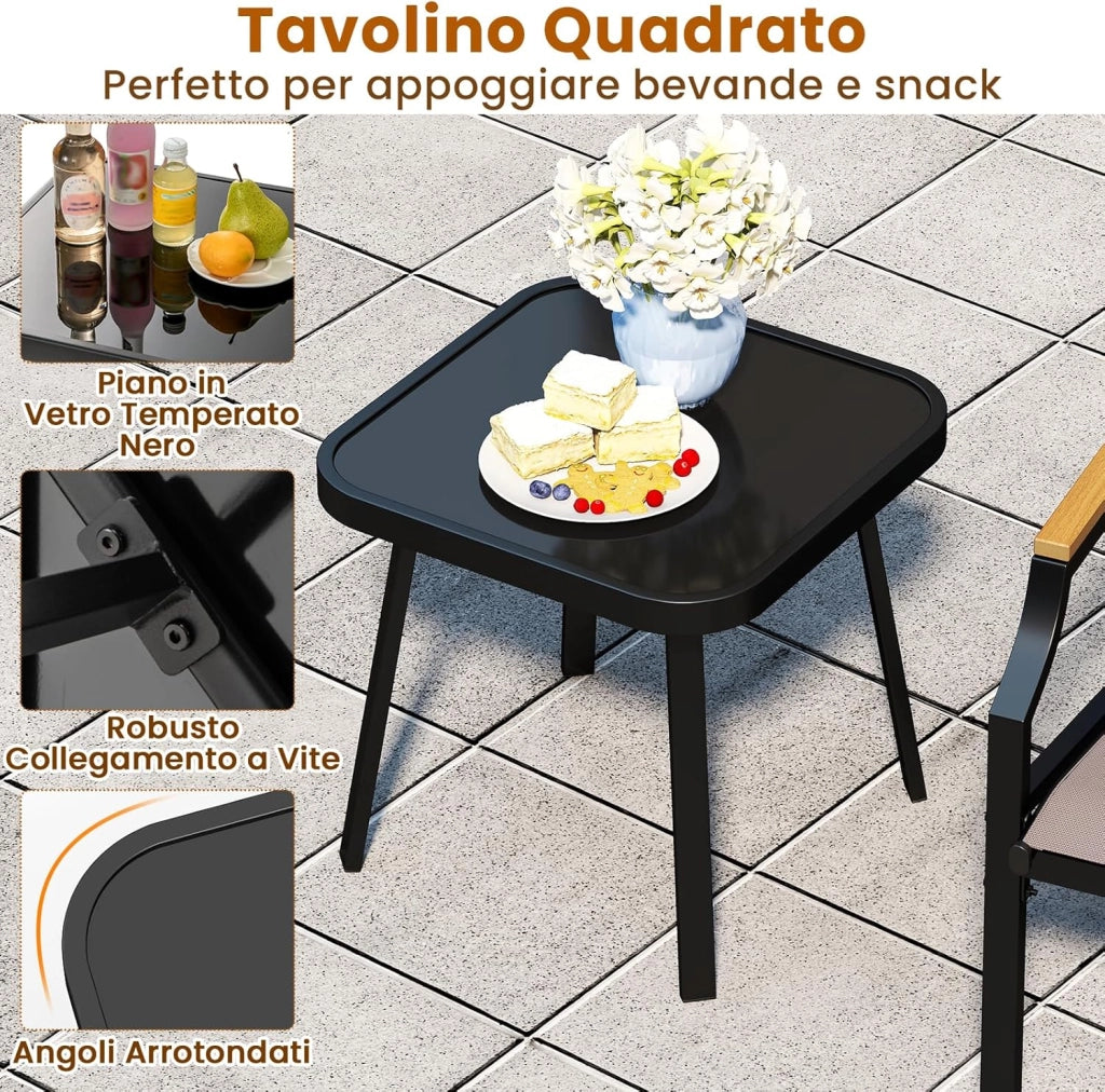 Set da Giardino a 3 Pezzi, Set Mobile da Esterno con Talaio in Metallo, Poltrona e Tavolino Quadrato, Set da Bistro con 2 Poltrone, per Giardino Cortile Piscina