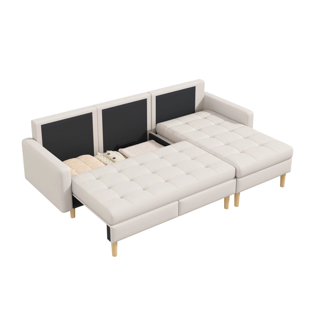 Divano angolare reversibile 3 posti con contenitore e chaise longue per soggiorno in tessuto beige