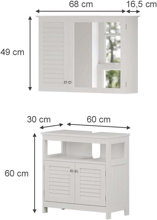 Set di mobili da bagno Riad, Bianco, 60 cm, composto da specchio da bagno e mobile sottolavabo