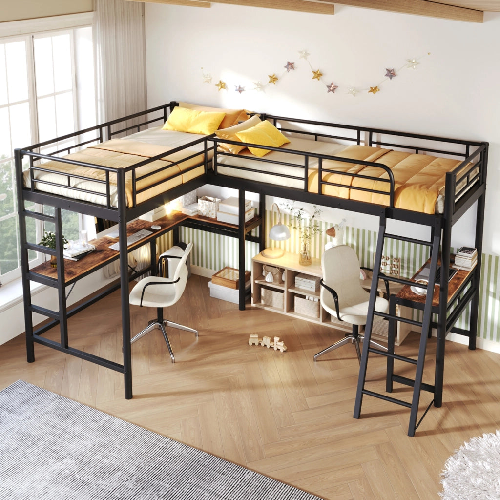 Letto a soppalco 90 × 200 cm con scrivania integrata scala doppia barriera alta metallo e MDF nero