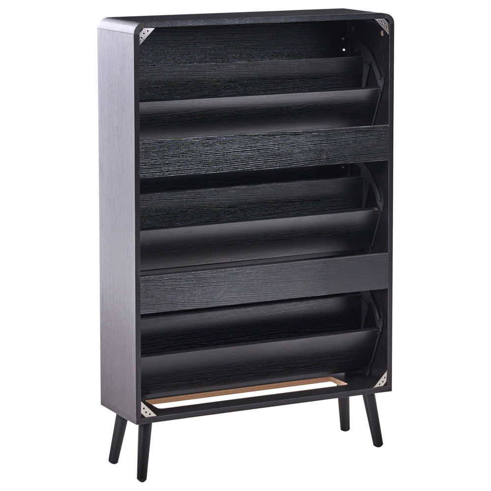 Scarpiera a 3 scomparti in legno MDF melaminico e rattan PE stile boho nero